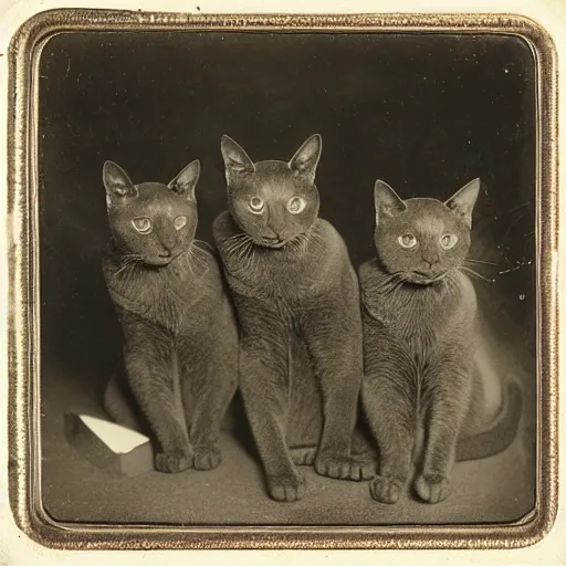 Image similar to daguerreotype of 3 cats in a trench coat