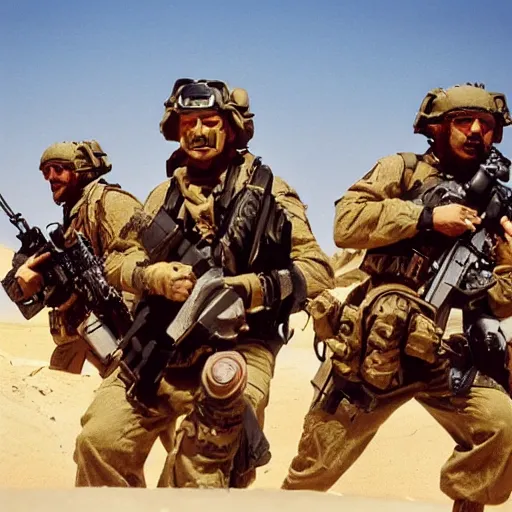 Image similar to muppets dressed as special forces fighting in the desert. epic action movie production photograph.