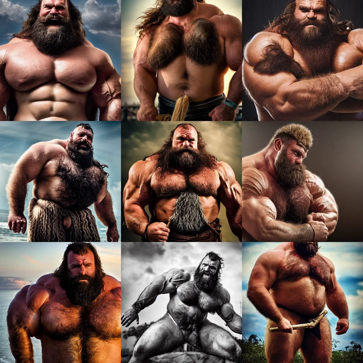 Prompt: barbarian strongman king with a lot of body hair and massive muscle, masculinity, beard, thick, hairy, big, photography, highly detailed, epic, high definition, 4 k, 8 k, dad energy