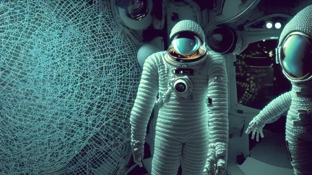 Image similar to a cybernetic symbiosis of a single astronaut eva suit made of pearlescent wearing knitted yarn thread infected with diamond 3d fractal lace iridescent bubble 3d skin covered with stalks of insectoid compound eye camera lenses floats through the living room, film still from the movie directed by Denis Villeneuve with art direction by Salvador Dalí, wide lens,