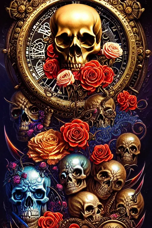 Prompt: intricate skulls and roses clocks james gurney, dan luvisi, Petros Afshar, tim hildebrandt, liam wong, Mark Riddick, thomas kinkade, ernst haeckel, dan mumford, trending on artstation, josephine wall, WLOP, cgsociety by Gediminas Pranckevicius, trending on cgsociety and DeviantArt