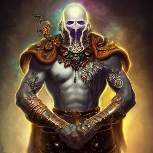 Image similar to an Artstation 3d render of Very very very very highly detailed beautiful mystic portrait of a phantom warrior with galaxy, tattoos by Anton Pieck, intricate, extremely detailed, digital painting, artstation, concept art, smooth, sharp focus, illustration, intimidating lighting, incredible art,