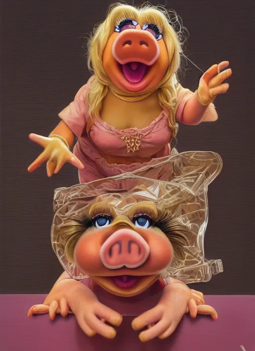 Prompt: portrait of a Screaming Miss Piggy in Society (1989), highly detailed, centered, solid color background, digital painting, artstation, concept art, smooth, sharp focus, illustration, artgerm, donato giancola, Joseph Christian Leyendecker, Les Edwards, Ed Repka, WLOP, Artgerm