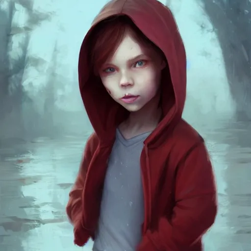 Image similar to a tiny girl with short red hair wearing a hoodie, digital art, cute face, very beautiful face, pretty face, very detailed eyes, full body illustration, 8 k resolution, soft painting, by greg rutkowski, wlop, rossdraws,