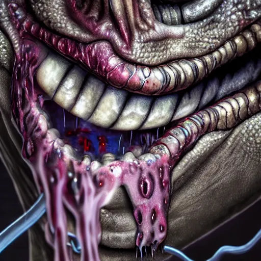 Image similar to realistic long textured tongue, wet humanoid alien,, dripping acid saliva, smoke, mouth in mouth, 8 alien eyes, metallic fangs, thin red veins, grey snake scale skin, cinematic light shadows, slimy reflections, crawling in a sewer pipe, flashlight lighting, insanely detailed