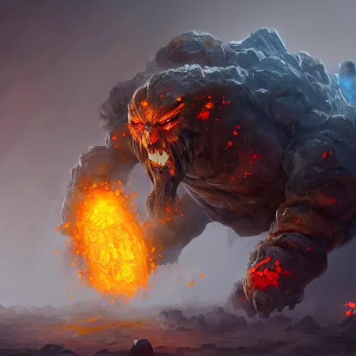 Image similar to The fire elemental stone golem made of large boulders, d&d art, fantasy, painted, 4k, high detail, sharp focus, artstation