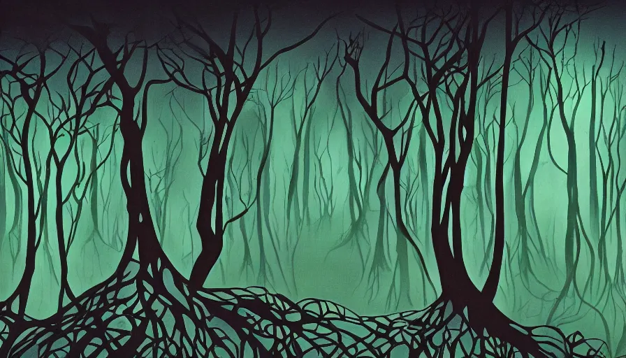 Prompt: eyvind earle disney background art of a beautiful dark fantasy forest