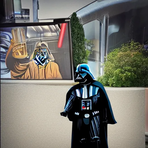 Image similar to photo of Darth Vader drinking a beer