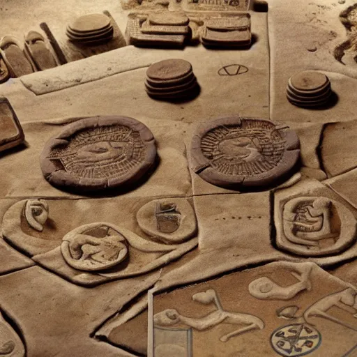 Image similar to ancient board game pieces & tokens recovered from a sumerian archaeological site, auctioned at christie's