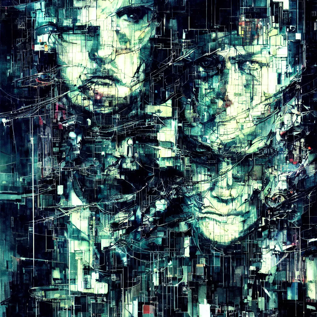 Image similar to glitchcore portrait of a cyberpunk dreamer, wires, machines, in a dark future city by jeremy mann, francis bacon and agnes cecile, and dave mckean ink drips, paint smears, digital glitches glitchart