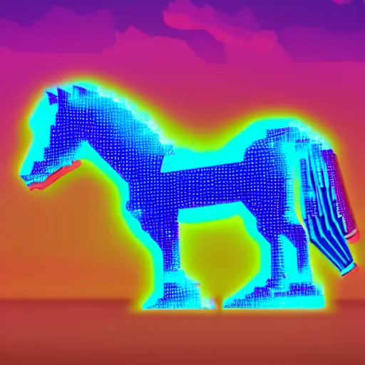 Image similar to A synthwave horse inspired by Tron. Trending on Artstation. Digital screenshot. Faded film grain. 1980s Computer Graphics.