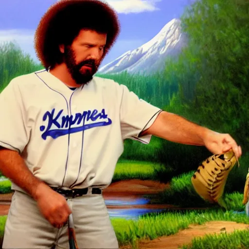 Prompt: a closeup photorealistic photograph of bob ross crafting an image of kenny powers autographing a baseball, painting on a canvas. mountains and trees. film still. brightly lit scene. this 4 k hd image is trending on artstation, featured on behance, well - rendered, extra crisp, features intricate detail, epic composition and the style of unreal engine.