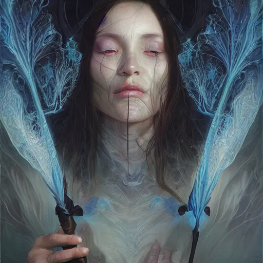 Prompt: hyperrealistic beautiful detail matte 3 d painting of a very beautiful priest with spear of darkness and dark smoke aura by ellen jewett, dan mumford, beeple, alex grey, monia merlo, miho hirano tomasz alen kopera and justin gerard : 3