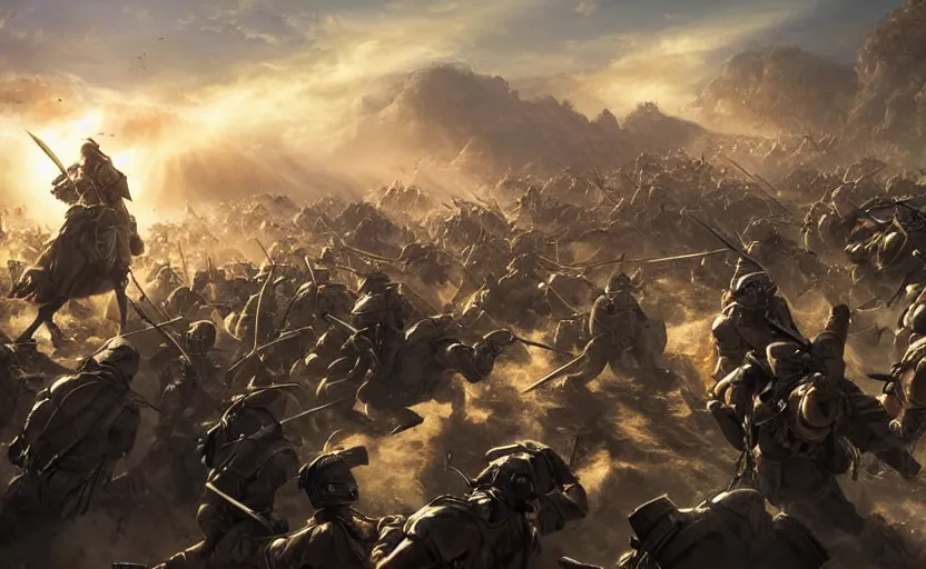 Image similar to epic cinematic artwork overview above an army charging to the enemy with the commander at the front with his sword raised, sun rays on him by greg rutowski