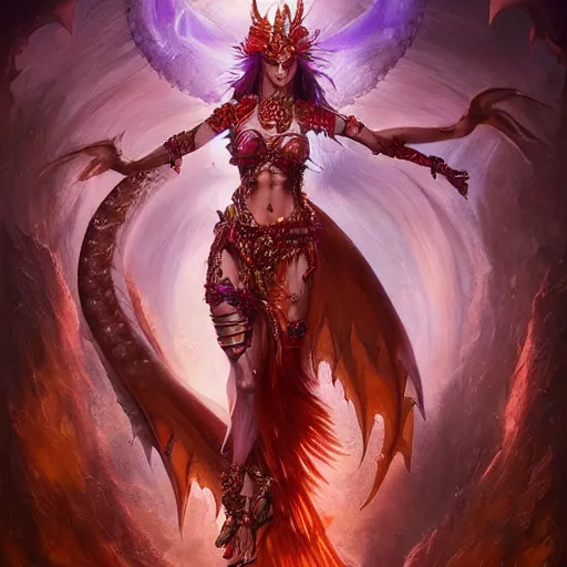Prompt: photo of a cute female bellydancer dragon with 6 arms, anthropomorphic dragon, dragon face, stunning 3 d render, ultra real, masterpiece, glowing holy aura by aleski briclot and magali villeneuve