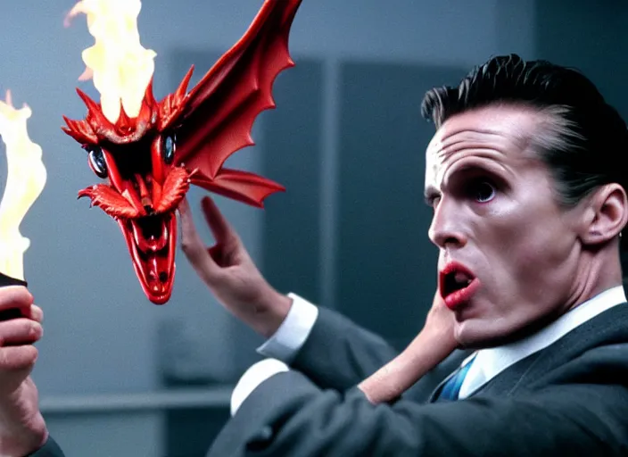 Prompt: Fire breathing dragon wearing a suit, still from the American Psycho (2000), cinematic, 4K Bluray