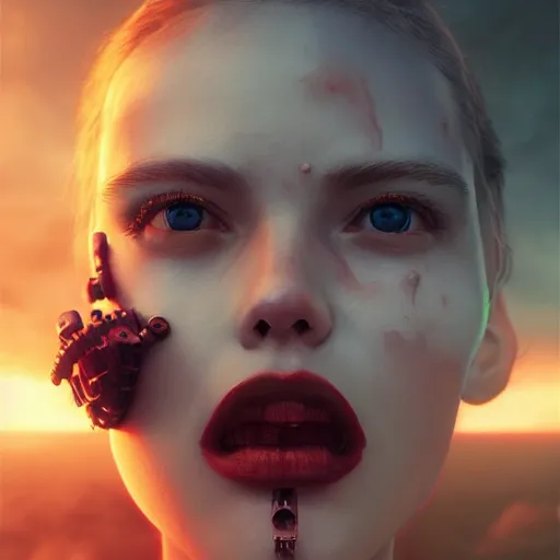 Prompt: 3 d, close - up, screaming fashion model face, sun, cinematic, clouds, vogue cover style, dystopian art, poster art, futuristic, bright mood, fantasy artrealistic painting, intricate oil painting, high detail, 3 d, by tooth wu and wlop and beeple and greg rutkowski