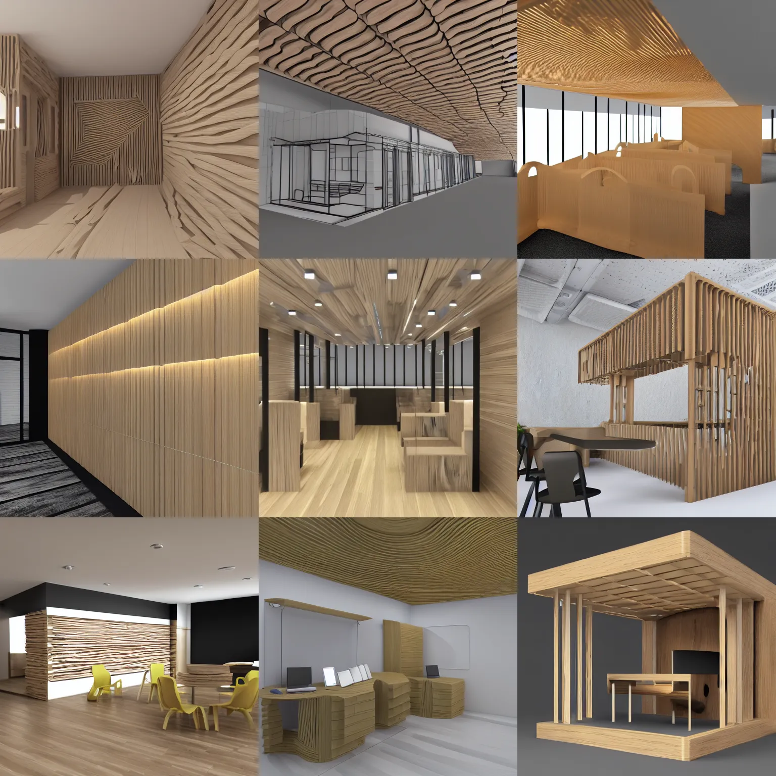 Prompt: interior design of a modern 3d printing bussines, osb wood is used , 3d render