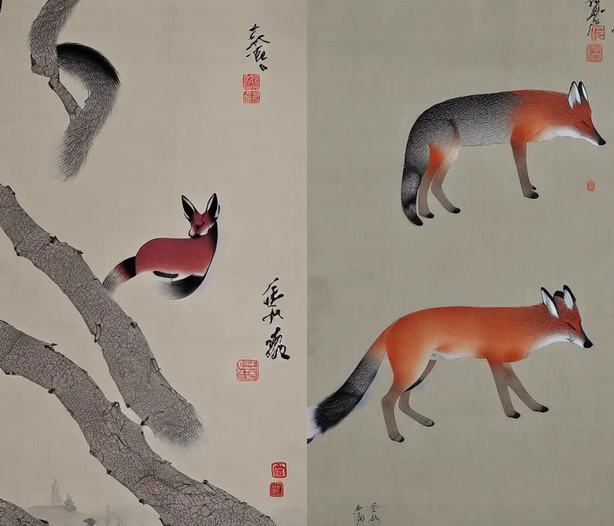Prompt: pine, plum and grey fox, by Shen Quan, hanging scroll on wall, ink and colour on silk, muted colours, detailed