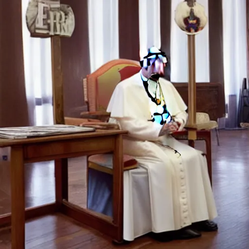 Prompt: Pope in memphis design room