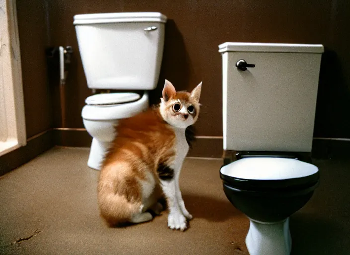 Image similar to high detail toilet, a bat kitten sits on the toilet, kodak expired film underexposed film grain light leak accidental exposure