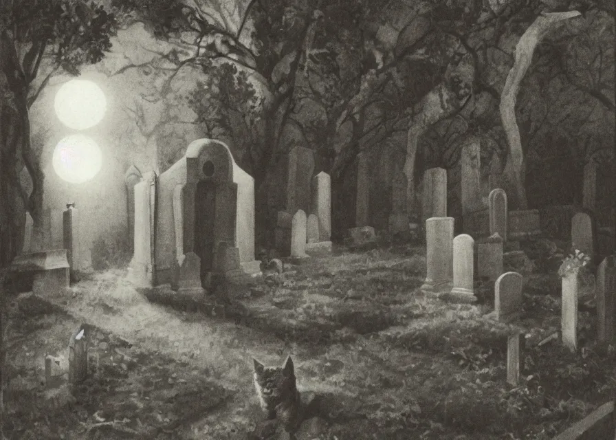 Image similar to a highly detailed portrait of a cat in a moonlit gothic cemetary with some bats and a ghost floating between the gravestones, boke, tilted frame, henry cartier bresson