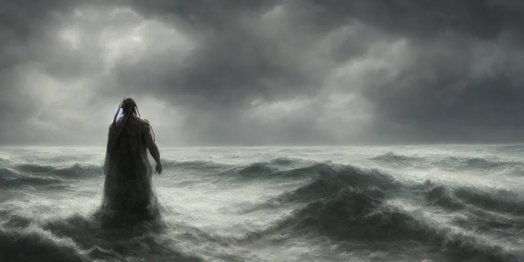 Image similar to Eldrich god rising out of the ocean, hyper realistic oil painting, dark, moody cinematic lighting, creepy, fog, storm clouds, by greg rutkowski, trending on artstation