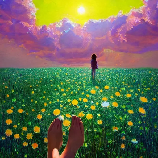 Image similar to head and face made of giant daisies, girl standing barefoot in a flower field, holding flowers, surreal photography, sunrise dramatic light, impressionist painting, colorful clouds, large sky, digital painting, artstation, simon stalenhag, flower face