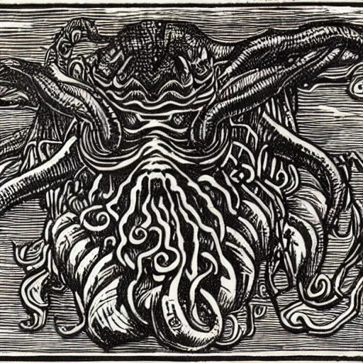 Image similar to a detailed woodcut of Cthulhu by Albrecht Durer