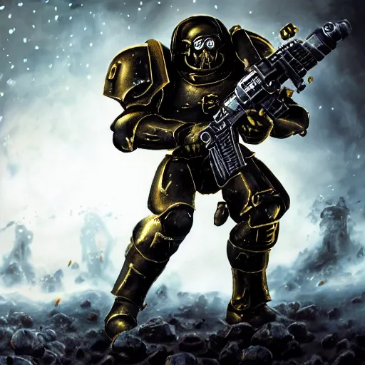 Image similar to a single human marine soldier full body with normal anatomy Warhammer 40k, wearing a small space marine skull helmet, wearing a full suit of symmetrical black space marine armor plating, golden skulls decorating armor, walking, holding arm up and aiming a bolt pistol, battlefield scene with smoke, seamless, grunge aesthetic