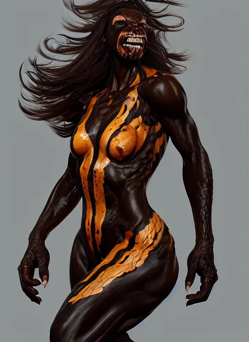 Prompt: female black and brown venom, naturel, hyper detailed, digital art, trending in artstation, cinematic lighting, studio quality, smooth render, unreal engine 5 rendered, octane rendered, art style by klimt and nixeu and ian sprigger and wlop and krenz cushart