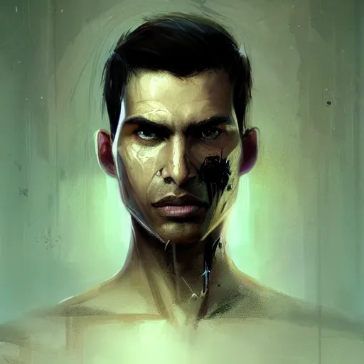 Prompt: portrait of a cyborg by greg rutkowski, he is about 3 0 years old, indian, very tall and slender, messy long black hair, he is wearing a black t - shirt, highly detailed portrait, digital painting, artstation, concept art, smooth, sharp foccus ilustration, artstation hq