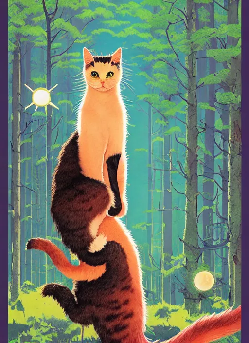 Image similar to a hyper realistic ink cat and the meaning of life and sunbeams blue sky, lush forest poster art by chiara bautista and kim jung giu and norman rockwell and greg rutkowski weta studio, and lucasfilm