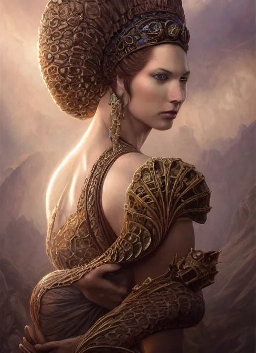 Image similar to portrait shot of attractive atlantian princess, realistic, professionally, professionally color graded, intricate, elegant, highly detailed, centered, digital painting, artstation, concept art, smooth, sharp focus, illustration, artgerm, tomasz alen kopera, peter mohrbacher, donato giancola, mucha, joseph christian leyendecker, wlop, boris vallejo