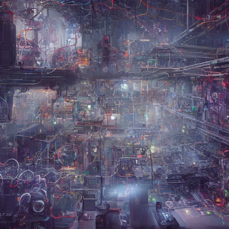 Image similar to the nexus of a vast modern computing center and a mad alchemist\'s lab with exposed circuit boards, nixie tubes and tesla coils. immaculate octane redshift concept art render by Zdzisław Beksiński and beeple, beautiful modern colors, ultradetailed, 4k ultra