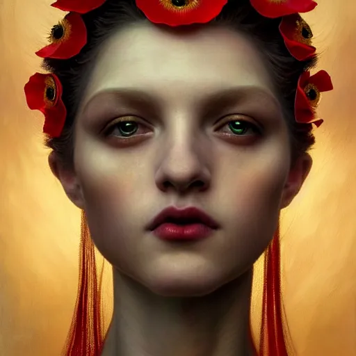 Image similar to portrait of a gorgeous young poppy queen, uniquely beautiful, surreal, fantasy, ornamental, intricate, elegant, dramatic lighting, emotionally evoking symbolic metaphor, highly detailed, lifelike, photorealistic, digital painting, artstation, concept art, smooth, sharp focus, illustration, art by John Collier and Krenz Cushart and Artem Demura and Alphonse Mucha and Albert Aublet