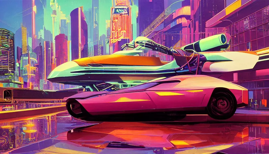 Prompt: Retro futuristic vehicle in a colorful urban landscape, neon lights reflecting in water, sci-fi concept art, by Syd Mead, highly detailed, oil on canvas