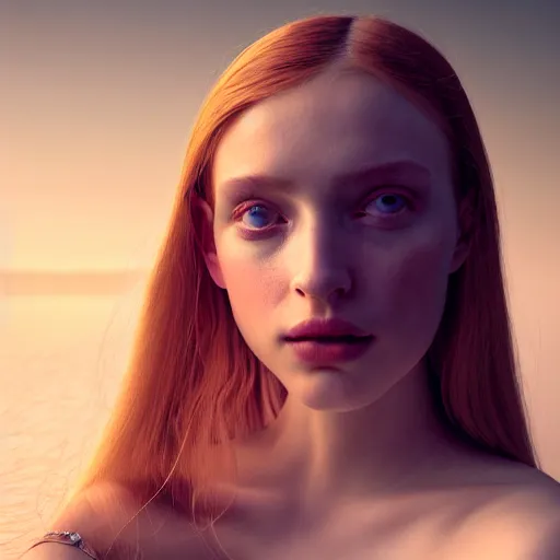 Image similar to photographic portrait of a stunningly beautiful alluring seductive english renaissance female in soft dreamy light at sunset, beside the river, soft focus, contemporary fashion shoot, in a denis villeneuve and tim burton movie, by edward robert hughes, annie leibovitz and steve mccurry, david lazar, jimmy nelsson, extremely detailed, breathtaking, hyperrealistic, perfect face, octane render