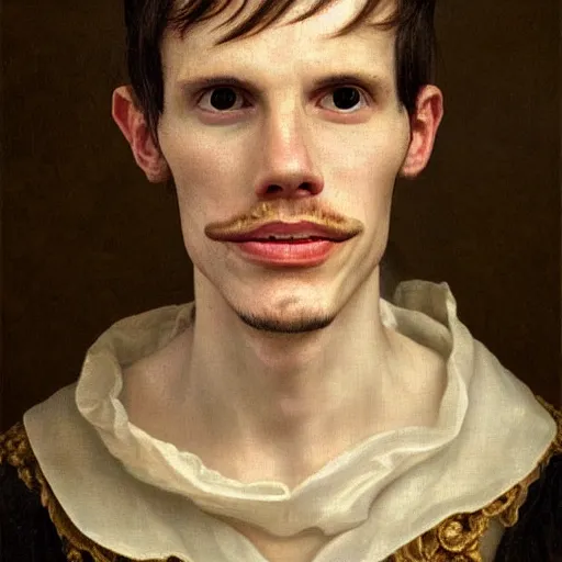 Image similar to A 17th century Baroque Painting of iDubbbz, grainy, realistic, hyperrealistic, very realistic, very very realistic, highly detailed, very detailed, extremely detailed, detailed, digital art, trending on artstation, detailed face, very detailed face, very detailed face, realism, HD Quality, 8k resolution, intricate details, body and head in frame, painting, oil painting, trending on deviantart, Baroque Painting