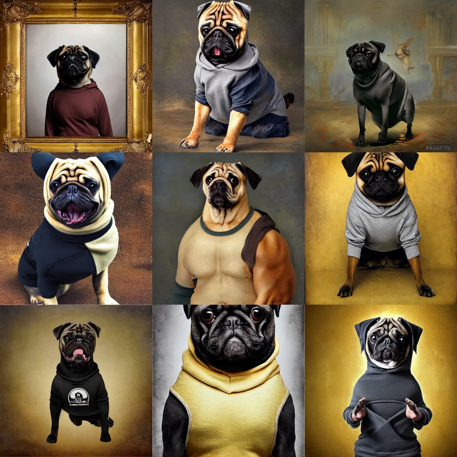 Prompt: muscular oversized dog pug bodybuilder is wearing a hoodie , heavy texture victorian natural oil painting , epic pose