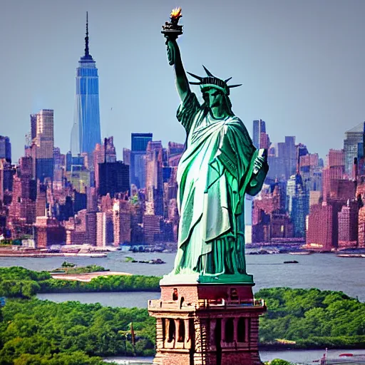 Prompt: The Statue of Liberty holding the BJP flag with the New York skyline in the background, aerial photo, HDR