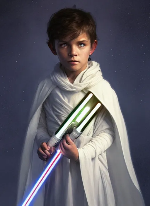 Prompt: perfectly - centered - portrait of a kid wearing white cloak holding light saber, intricate, highly detailed, digital painting, artstation, concept art, smooth, sharp focus, illustration, unreal engine 5, 8 k, art by artgerm and greg rutkowski and alphonse mucha