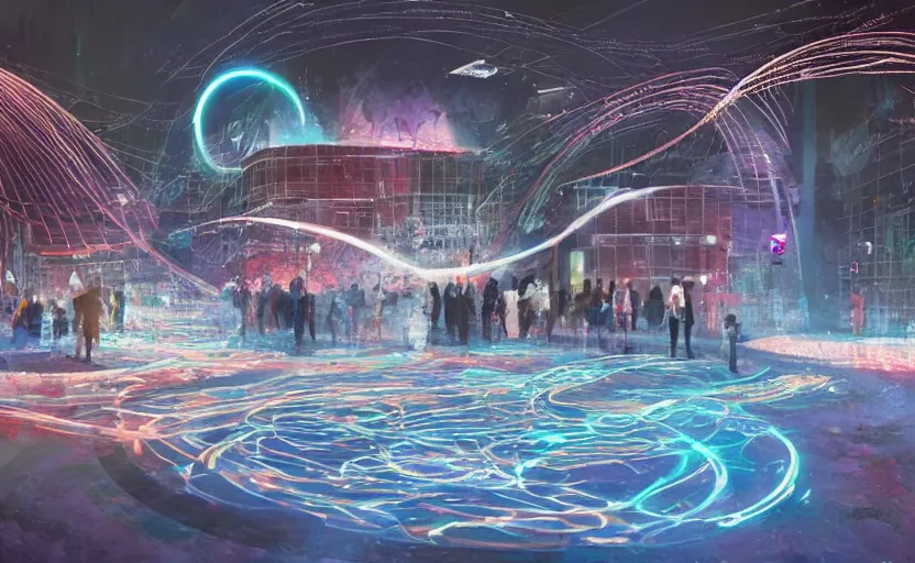 Prompt: pepople and a spiral - shaped white luminous attractor is floating on the ground in soviet city, concept art, art for the game, professional lighting, art painted in street style