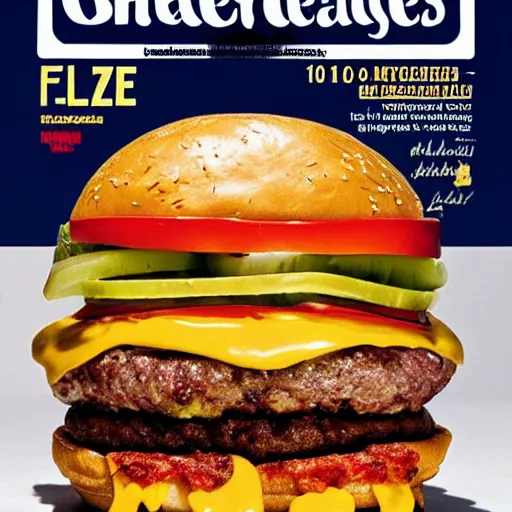 Image similar to a 1 0 layer cheeseburger with 1 0 pieces of meat, 1 0 pieces of cheese and tons of melted sauces and onions, food magazine cover