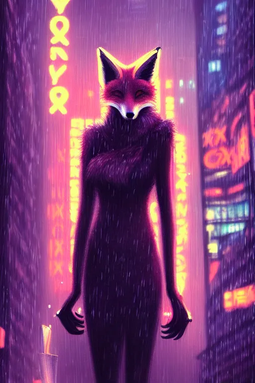 Prompt: beautiful portrait of an extremely tall female anthro fox, smoking a cigarette in the rain, towering over the crowds in a wet street of a city, cyberpunk, harsh neon lights, highly detailed, deep shadows, digital painting, shallow depth of field, illustration, art by sakimichan, artgerm