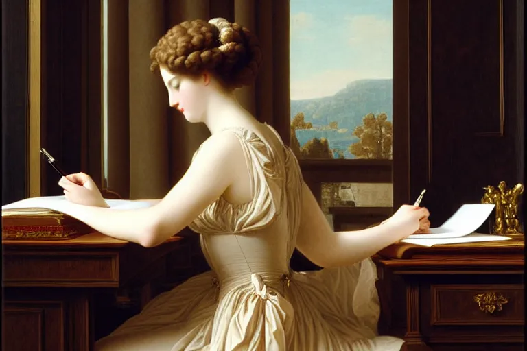 Prompt: lady writing at her desk by vittorio reggianini, georgian dress, directoire style, regency, empire silhouette, bright lighting, perfectly detailed eyes, beautiful hands, pale skin, clear face