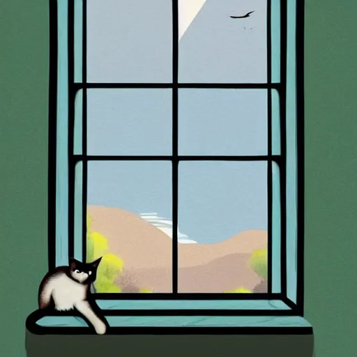 Image similar to a beautiful landscape through a window, cat sitting on the edge of thethe window, illustration, digital art, trending on artstation, no signature