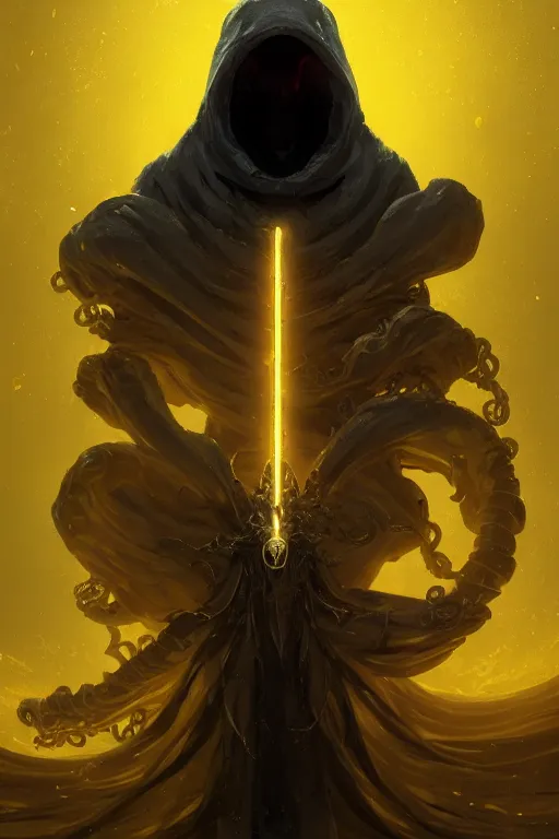 Image similar to A full body portrait of a mysterious character with no face with a very long hooded yellow cloak, a golden crown floating above his head tentacles coming out the ground art by Maciej Kuciara and Jason Chan, ominous, cosmic horror, trending on artstation, Ultra detailed, hyper realistic 4k