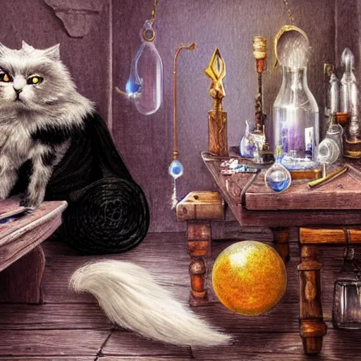 Image similar to a full body beautifull witch with white hair in an old room. A mistic cristal ball on a wood table with a potions and old instruments. A cat on the floor licking his paw. in a fantasy style paiting