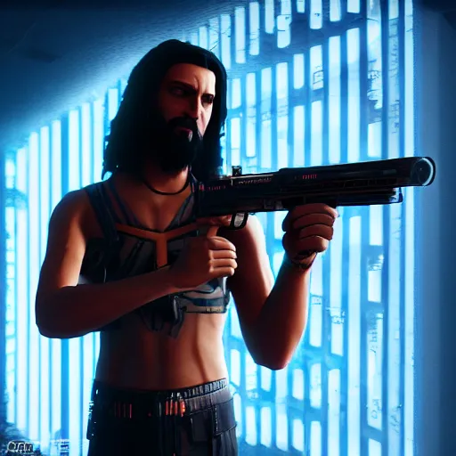 Image similar to Jesus in Cyberpunk 2077 with a pistol, Orthodox icon, handmade, wooden greek christian athos icon , concept art, unreal engine, 4k render, global illumination, blender, cycles, featured on artstation, pixiv